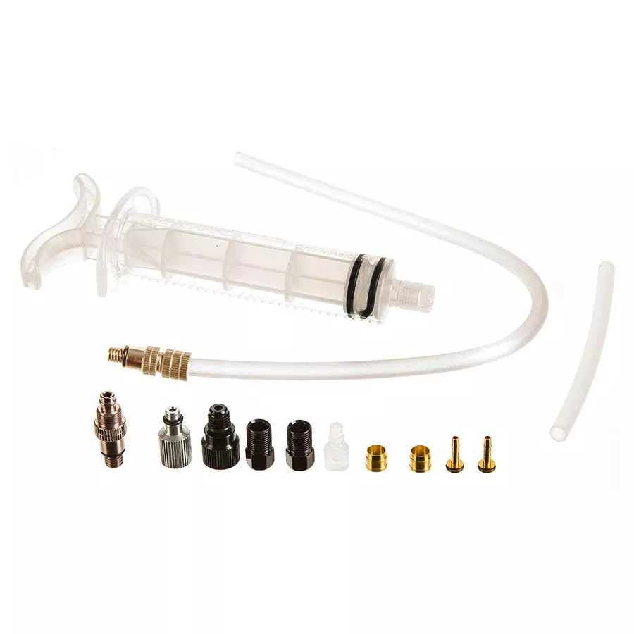 Tektro Basic Bleed Kit – Includes Syringe, Plastic Tubing, Hose Retainer, Compression Ferrules, Brass Inserts, and Inlet/Outlet Valve